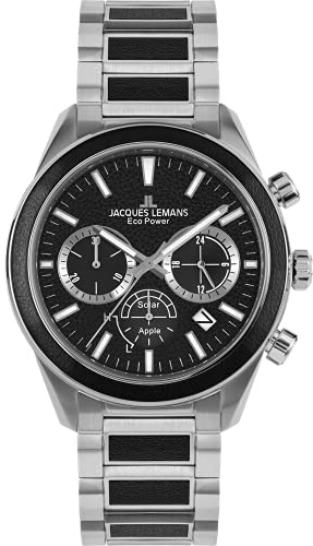 JACQUES LEMANS Herrenuhr, Eco Power Uhren Männer, Chronograph aus massivem Edelstahl mit Apfel-Leder Armband, Model 1-2115