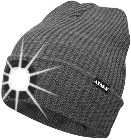 ATNKE Unisex LED Mütze mit Licht,Wiederaufladbare USB 4 LED Beleuchtete Laufmütze Extrem Heller Lampe Winter Warme Stricken Mütze für Herren und Damen Geschenke/Grey