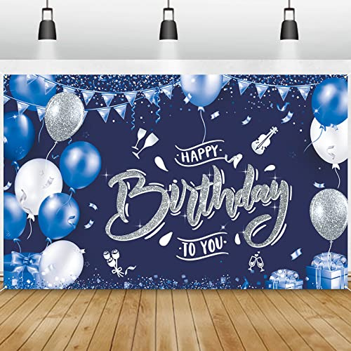 GRESATEK Blau Silber Happy Birthday Banner, Geburtstags Banner Party Hintergrund für Geburtstagsdeko, Extra Großes Banner Deko Drinnen und Draußen Poster für Mann und Frauen