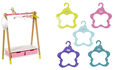 Baby Born Zapf Creation 830000 Kleiderstange - Puppenkleider-Ständer mit Holz-Optik und Zubehör & Zapf Creation 831144 Kleiderbügel, 5 Bunte Kleiderbügel für Puppenkleidung