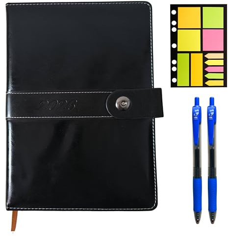 Dietario 2026 dia por pagina B5 EXECUTIVE de cuero vegano y tapa dura. Incluye 2 bolígrafos de tinta gel y posits. Agenda de folio amarillo para apuntes largos. Planificador diario (black)
