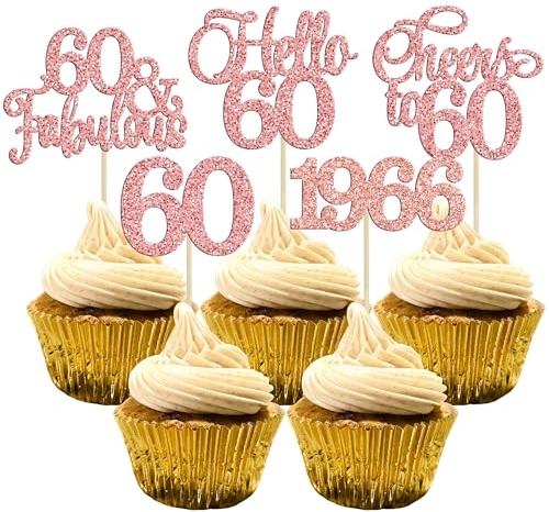 Gyufise 30Pcs 60th Birthday Cupcake Toppers 60 Fabulous Cupcake Picks Cheers to 60 1966 Cake Decorations for Happy 60th Birthday Wedding Anniversary Party Decoration Supplies Rose Gold