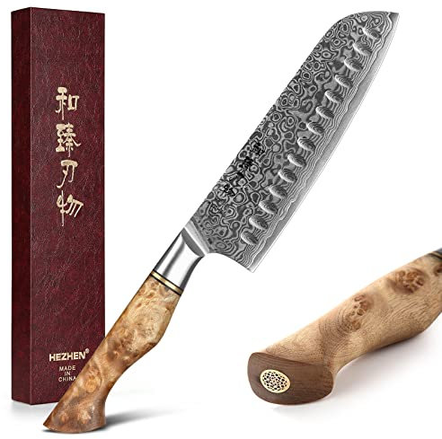 HEZHEN Damast Santoku Messer, Asiatisches Küchenmesser Japanischer Stil, Figaro Bergahorn Holzgriff