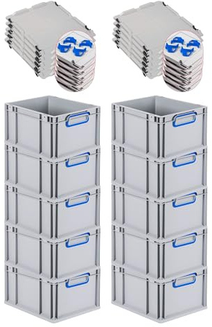 PROREGAL SuperSparSet 10x Eurobox NextGen Color mit Auflagedeckel & Schiebeschnappverschlüsse, HxBxT 22x30x40cm, 20L, Griffe blau geschlossen, Glatter Boden, Eurobehälter Transportbox