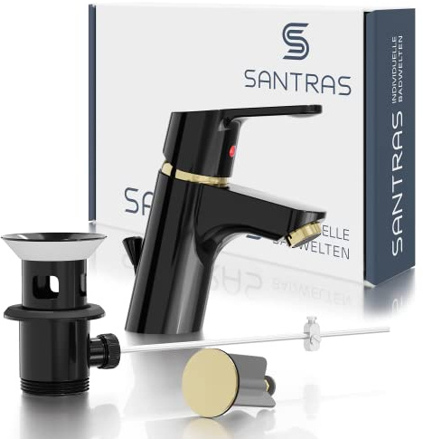 SANTRAS® Tvättställsblandare för badrummet med excentrisk avloppssats och dragstång i svart/guld – enspaksblandarkran varm kall för ett hål handfat vattenkran tillverkad i Tyskland