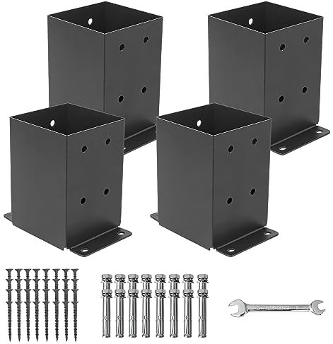 Nrspp 4x4 Post Base 4 Pcs,（Inner Size3.5x3.5） Wood Fence Pergola Post Bracket, Black Powder Coated Post Anchor,Deck Post Base Support Base Plate Pergola Brackets Fence Kit…