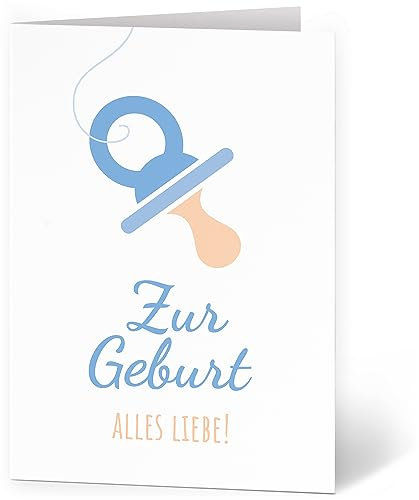 XXL Glückwunschkarte (A4) zur Geburt Junge Schnuller Blau - hochwertige Klappkarte | Große Karte Grußkarte Glückwunsch mit Umschlag Baby Eltern