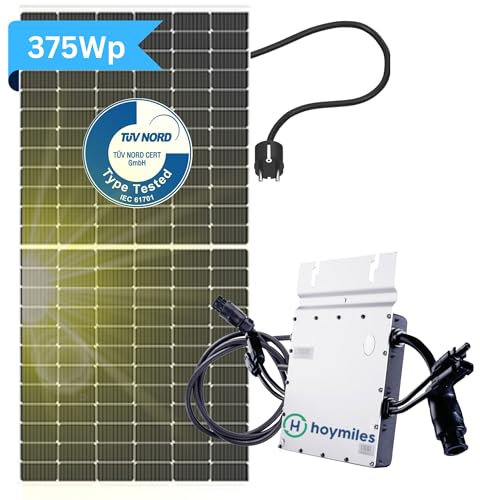 KLARBEIT Balkonkraftwerk 300w komplett Steckdose - Hoymiles Balkonkraftwerk Set mit 1x Solarpanel 375W I Wechselrichter 300W Hoymiles HO HM-300 I 5m Schuko I Balkon Solaranlage 300w komplett