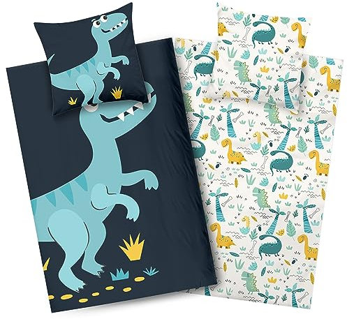 Aminata kids Dino Bettwäsche 135x200 Jungen Baumwolle Dinosaurier-Dino-Motiv Kinder-Bettwäsche-Wende-Set T-Rex | mit Reißverschluss blau - 2tlg