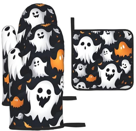 Ofenhandschuhe und Topflappen, widerstandsfähige, rutschfeste Grillhandschuhe für Küche, Kochen, Backen, Grillen, niedliches weißes Geister-Halloween-Muster