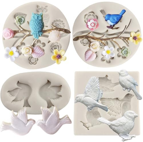 MYPRACS 4 Stück Vogel Silikonformen Eulen Ast Fondantform Blumenblätter Silikonformen für Kuchendekoration Cupcake Topper Süßigkeiten Harz Ton Schokolade Gummipaste