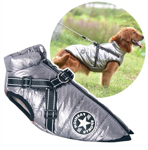 2 in 1 Hundebekleidung für große Hunde, für den Winter, warme Hundeweste, Hundegeschirr für große Hunde (silberfarben)