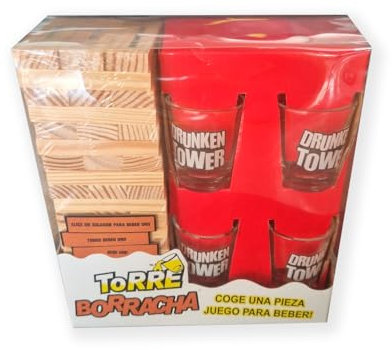 Torre Borracha - Drunken Tower. Juego de Bebida y Fiesta, Incluye 4 Vasos chupito y Frases (versión español)