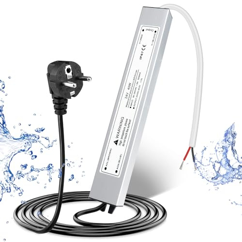 LED Trafo 24V 40W IP67, Outdoor Wasserdicht Transformator mit Stecker, Netzteil Treiber 230V auf DC 24 Volt Adapter, LED Driver Außen für LED-Streifen Lampen Strahler Lichtbänder
