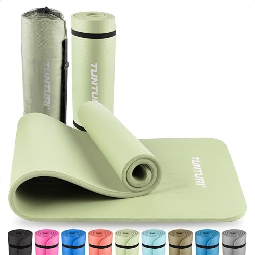 Tunturi Tapis de fitness épais 15mm - Tapis de gymnastique antidérapant - Avec sac de transport - Pour le yoga et le pilates - Tapis de sport 180x60x1,5cm - Particulièrement confortable - Menthe