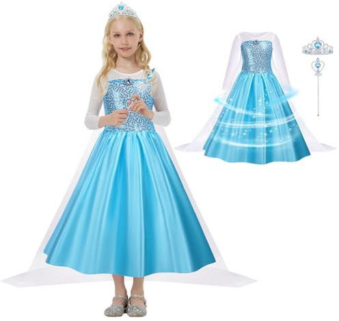 AUYAO Princess Kostüm Kinder Mädchen Kleid 4Pcs Prinzessinnenkleid Set Kinder Prinzessin Kleid mit Krone Diadem Zauberstab für Verkleidung Karneval Halloween Rollenspiel Geburtstag Party (100-150cm)