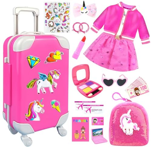 BNUZEIYI 23Pcs 18 Inch Girl Doll Accessories Case Luggage Travel Play Set with Doll Clothes Cute Bag Computer Glasses Pretend Makeup Toy Stickers Doll Stuff Fit 18 inch Doll Christmas Birthday Gift