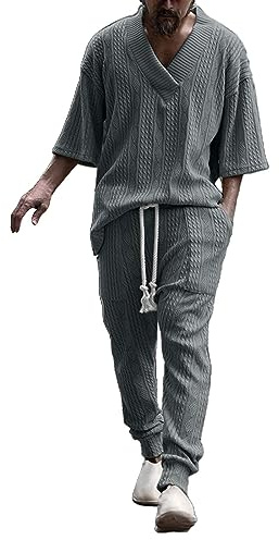 2 Teiliges Sportanzug 2 Stück Strickanzug Herren Pullover Anzug 3-4 Ärmel Gestrickt Sweatshirt und Hosen Zweiteilige Strickpullover Lose 2-teilig Einfarbig Freizeitanzug Sportanzug Trainingsanzug Set