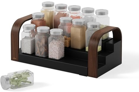 Umbra Bellwood Three-Tier Spice Shelf, Expandable Design Made of Durable Plastic and Wood, Black/Walnut