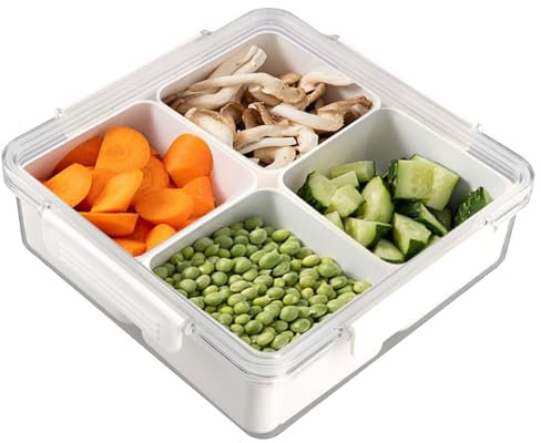 Focenat Snackbox mit Fächern, Snackteller mit Deckel, Snackplatte, Snacktablett, Snackschale mit Deckel, 4 Fächern, Auslaufsicher, Snackdose, Servierbehälter für Nüsse, Obst, Süßigkeiten, Gemüse