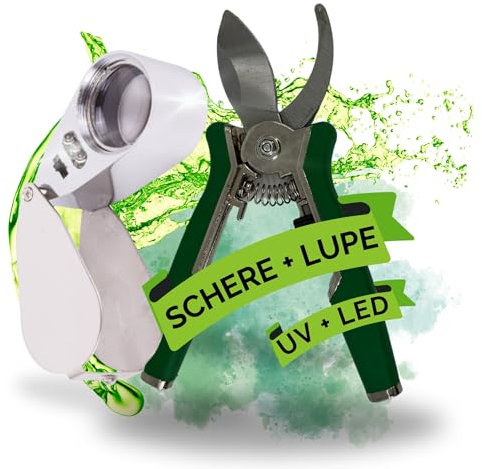 TronicXL Ernte Set Ernteschere + Taschenmikroskop für Grow Lupe mit LED Leuchte + UV Grown Growbox Anbau Eigenanbau Mikroskop Messgerät Ernte Prüfung Knipser Schere Ernte Helfer
