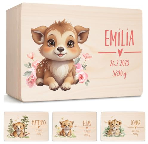 Little Deco Erinnerungsbox Baby Holzkiste mit Waldtiere REH | L - 40 x 30 x 22 cm | personalisiert mit Namen Geburt & Taufe für Mädchen und Jungen XHL1010-04L