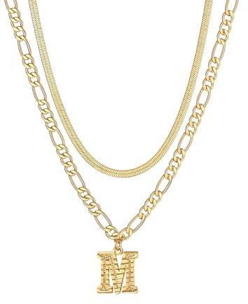 FOCALOOK Collar Mujer Inicial M Colgante Oro 18K Cadena Plana Serpiente Choker Fina Ajustable Acero Inoxidable 316L Regalo Cumpleaños Aniversario