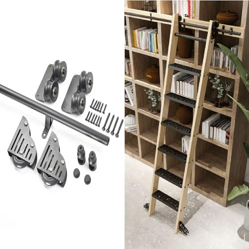 YWTCDMTF Schienenlänge 3,3–26,2 Fuß, Rundrohr, Schiebeleiter, Bibliotheksleiter, Hardware, Rollschienen-Komplettset (ohne Leiter), Bodenrolle mit Bremse, Schwarze Oberfläche (26,2 Fuß/800 c