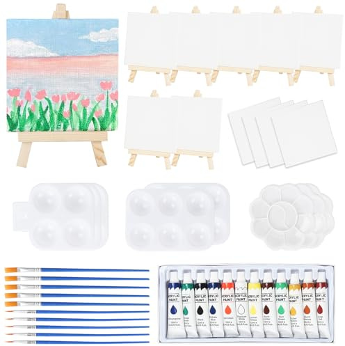 DONQL 50 Stück Mini-Leinwand und Staffelei mit 10,2 x 10,2 cm Leinwand | verstellbare Holzstaffelei für die Malerei, Pinsel, Malpalette und Acrylfarben für Ölgemälde