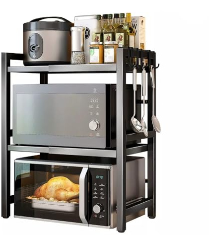 Rainbow Tree 3-Tier Expandable Microwave Oven Rack for Kitchen, Kitchen Counter Top Organizer with 6 Hooks, Microwave Stand Baker’s Rack Metal (Black Metal 3-Tier)
