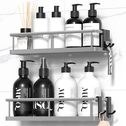 YASONIC Duschablage Ohne Bohren, 2 Stück Rostfreie Badezimmer Organizer, Schnelltrocknender Duschregal Ohne Bohren, Große Kapazität Shampoo Halterung für Dusche mit 2 Haken, Large Grau