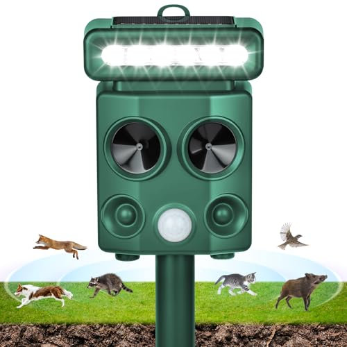 AOOWU Professionale Repellente per Gatti, Ultrasonico Solare Alimentato Animale Deterrente, Repellente per Roditori a Ultrasuoni con Luce Flash a LED, per Cani, Piccioni, Volpi, IP66 Impermeabile