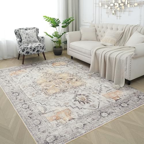 Xfrog Alfombra de salón lavable de pelo corto, vintage, para dormitorio, gris, 120 x 170 cm