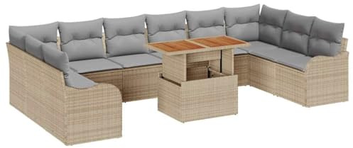 vidaXL 11-delat trädgårdsoff set beige poly rotting akacia modulärt med kuddar utomhus sittplater för 6 personer fyra-sitsmöbler patio soffor soffbord soffa sektion