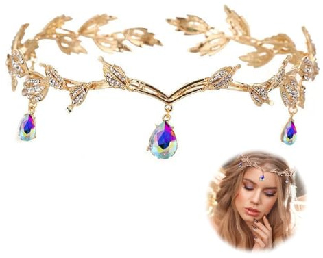 ZYEKIU Elfen Kopfschmuck, Elfenkrone Retro, Farbe Crystal Crown, Elfen Krone Einstellbar, Kopfschmuck mit Blättern für Cosplay, Hochzeit, Party, Renaissance Festival, Weihnachten, Geburtstag