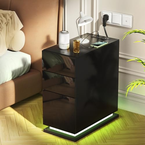 Lvhcmfohm Table de Chevet Étroite avec Multiprise, Table d'Appoint avec 3 Tiroirs, 2 Prises CA, 2 Ports USB, 2 Ports USB, pour Salon, Chambre, Bureau, Moderne, 30x50x63cm, Noir