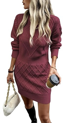 Theenkoln Damen Elegant Winterkleid Pulloverkleid Gerippt Herbstkleid Rundhals Strickkleid Pullikleid Freizeitkleid Weinrot L