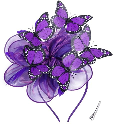 ETOFETE Butterfly Mesh Veil Fascinators Hat for Women Wedding Party Hair Accessories, Big Flower Bridal Headpieces Race Ascot Hat Purple