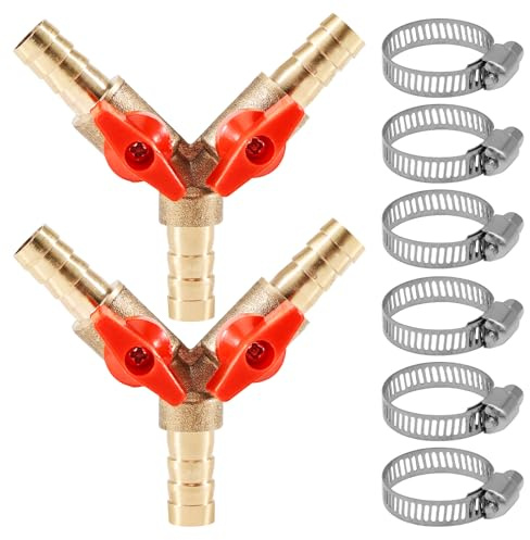 2 Stück 8 mm Schlauchverbinder Messing Y mit Kugelhahn & Schlauchschellen | Messing-Y-Verteiler mit Absperrhahn und 6 Schlauchschellen für Wasser-, Luft- und Gasleitungen