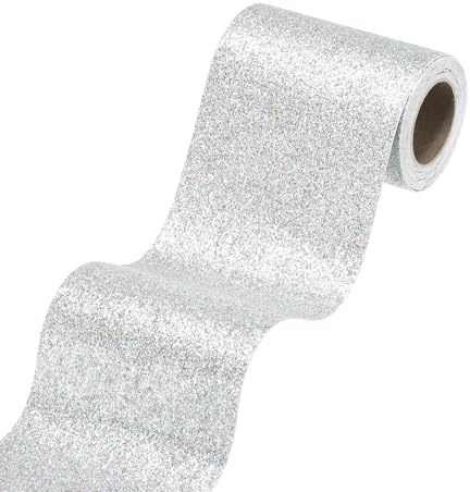 sourcing map Borde de papel pintado con purpurina plateada de 10 x 299 cm, para despegar y pegar, borde de papel de contacto con purpurina brillante para espejo, tablón de anuncios, manualidades