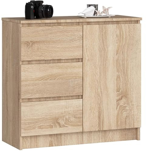 Kommode K-80 Jerry mit 3 Schubladen Schrank mit 2 Einlegeböden und 1 Tür, Für das Wohnzimmer Schlafzimmer Kinderzimmer Moderne, 16mm Laminierte Platte, 80x77x35 cm (Sonoma Eiche + Sonoma Eiche Front)