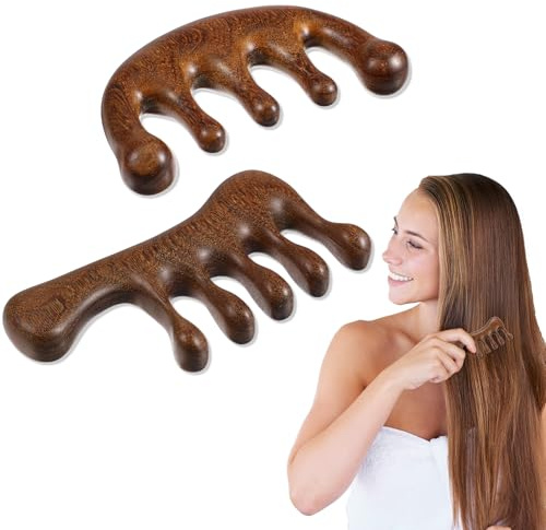 2 Stück Holz Massagekamm,Holz Multifunktionaler Massagekamm,Breiten Zähnen Kopfmassage,Sande HolzKamm,Entspannen Sie die Kopfhaut