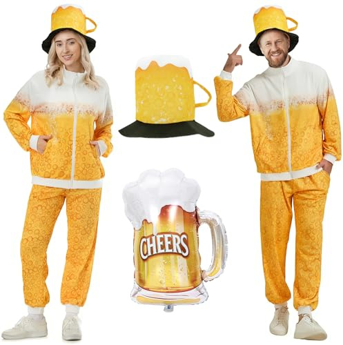 YeahBoom Bier Trainingsanzug Kostüm,Bierkostüm Herren und Damen,Faschingskostüm mit Jacke,Hose,Brille,Halskette,Ballon,80er 90er Jahre Kostüm für Bierfest Karneval Party