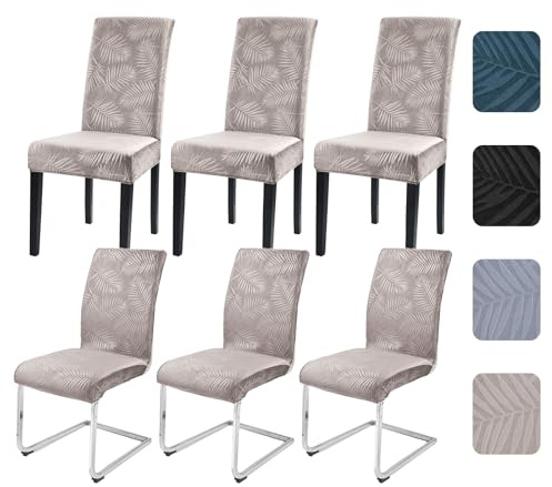 Alishomtll Stretch Stuhlhussen 6er Set Kurzflor Blatt Stuhlbezug Champagner | Universale Elastische Stuhlhussen für Schwingstühle, Abnehmbare Waschbare Stuhlhussen für Esszimmer Hotel Bankett