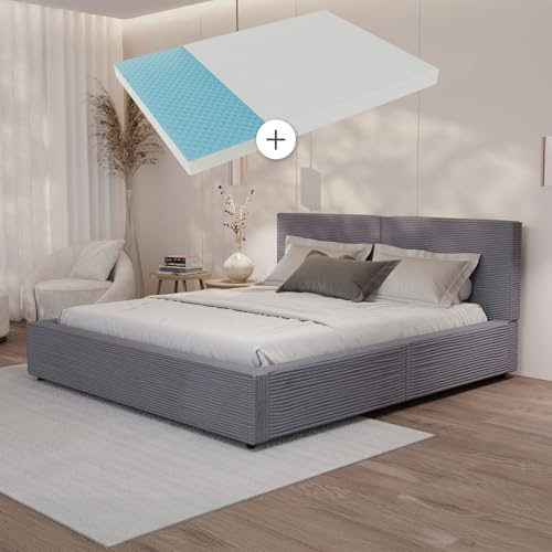 Juskys Polsterbett Salerno 180 x 200 cm mit Matratze – Cord Grau, modernes Bett mit Kopf- & Fußteil, stabilem Holz- & Metallrahmen, Lattenrost, 500 kg Tragkraft