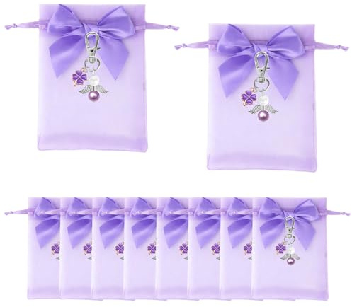 16 Stück Schutzengel Schlüsselanhänger mit Satinschleife Geschenktüten, Organza Schmuckbeutel 9x12cm, Kleeblatt Anhänger Gastgeschenke für Hochzeit Taufe Baby Shower Geburtstag - Lila