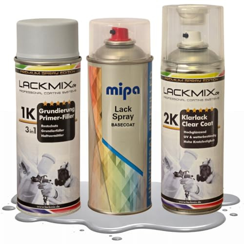 MIPA Autolack. Spraydosen für VW / LA7W Reflexsilber Met/Alle Farbspray-Sprühdosen Sets (Grundierung + Basislack + 2K Klarlack)