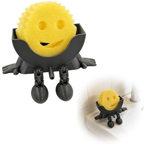 Funny Hanging Sponge Holder with a Smiley Sponge, 3D Printed Sponge Holder with Drainage, Cute 3D Printed Sponge Stand for Kitchen Sink, Scrub Daddy Holder, Keeps Sponge Dry & Smiling (Black)