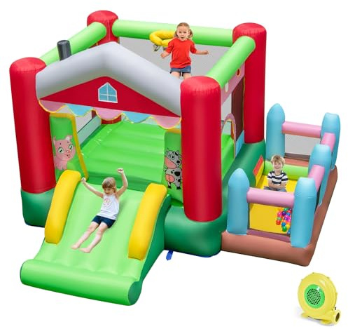 COSTWAY Kids Bouncy Castle, Inflatable Bounce House with Slide, Ball Pit, Basketball Hoop and Carry Bag, Children Blow Up Jumper for Indoor Outdoor (Farm with 480W Blower)