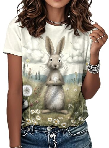 Påskhare T-shirt kvinnor, rund hals, mode lös passform t-shirts söta sommartoppar | för semester fest resor, Retro påskhare-1, 5XL